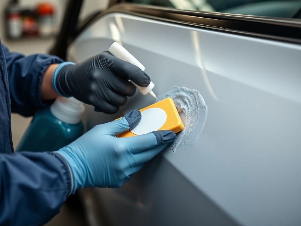 Professional detailer using a clay bar technique to remove spray foam overspray from a car panel without damaging the clear coat