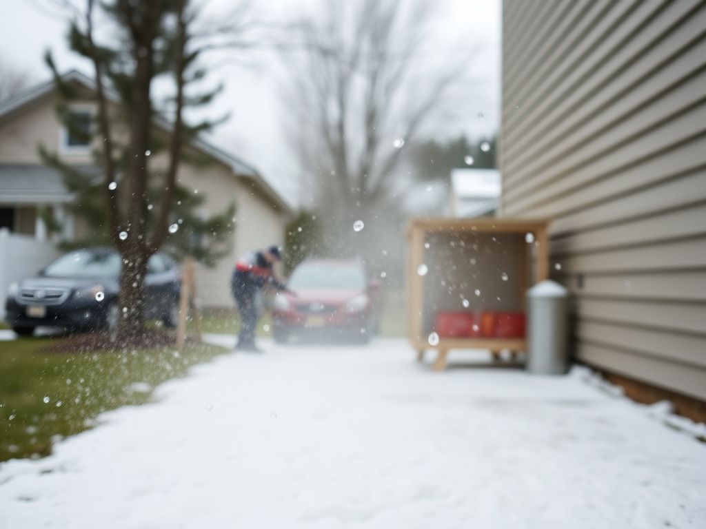 Wind-blown spray polyurethane foam drifting from an exterior spray job onto a parked vehicle and siding nearby