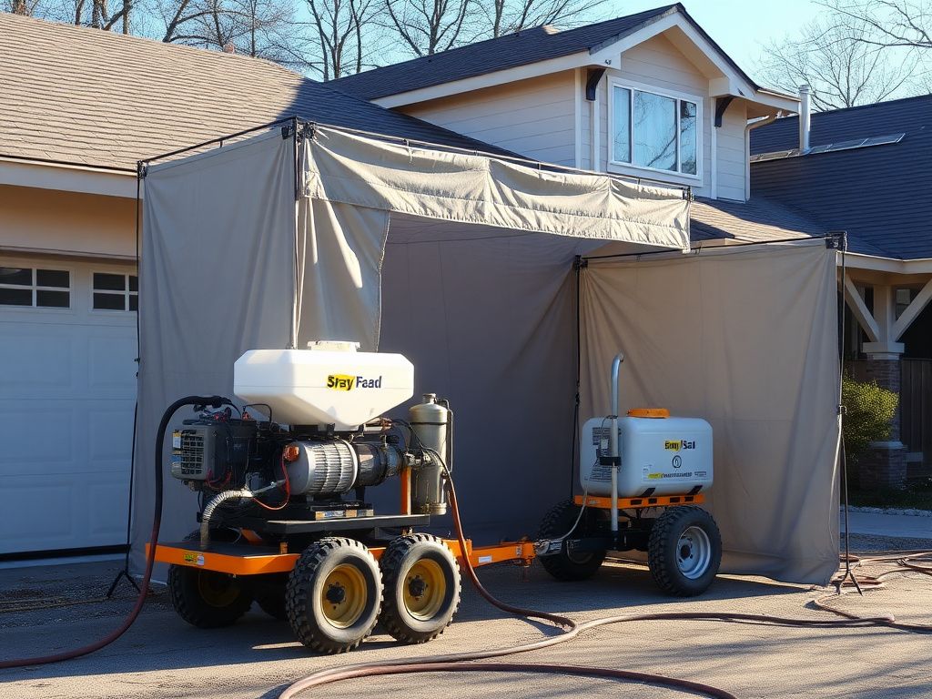 Spray foam rig with a windscreen barrier set up on a job site to contain drift